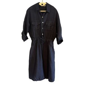 Francesca Bettini Linen Tab Sleeve Dress in Navy Blue | SZ M